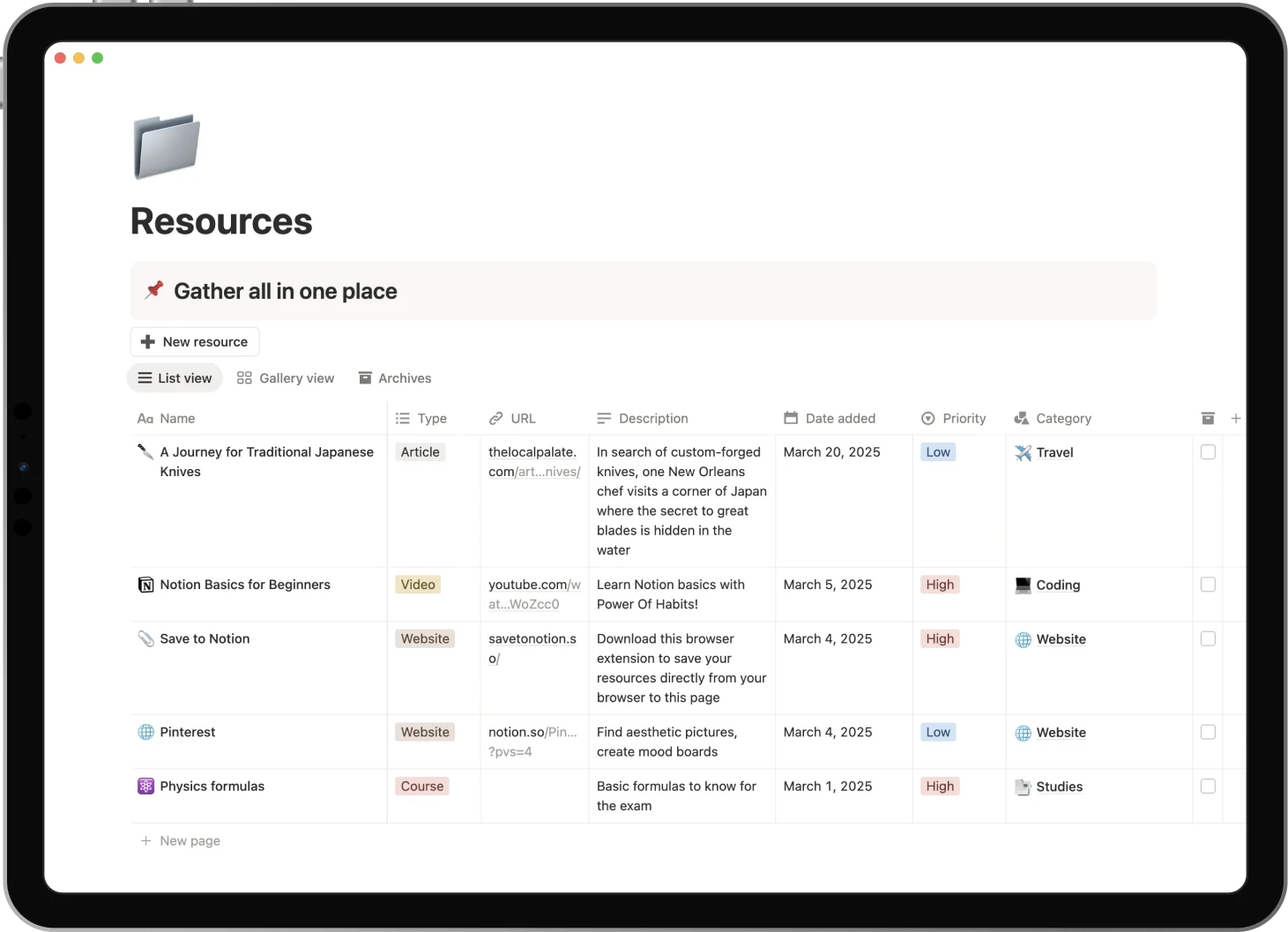 Ipad displaying the Resources template: gather all your most important resources, add tags, set tags.