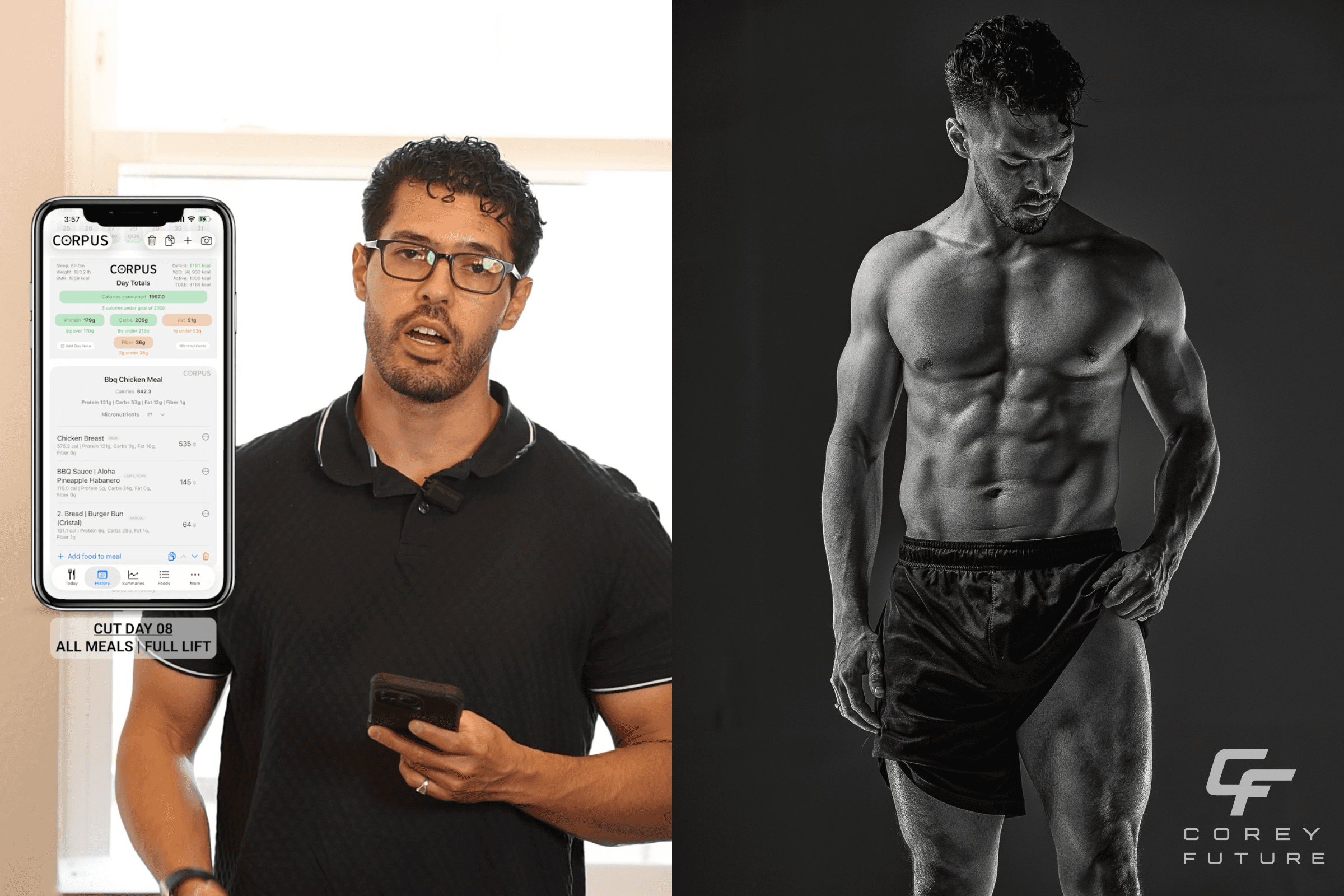 A full cutting day with 1,997 calories, 179g protein, three meals, leg training, abs, and walking. Import the exact meal and workout templates into CORPUS.