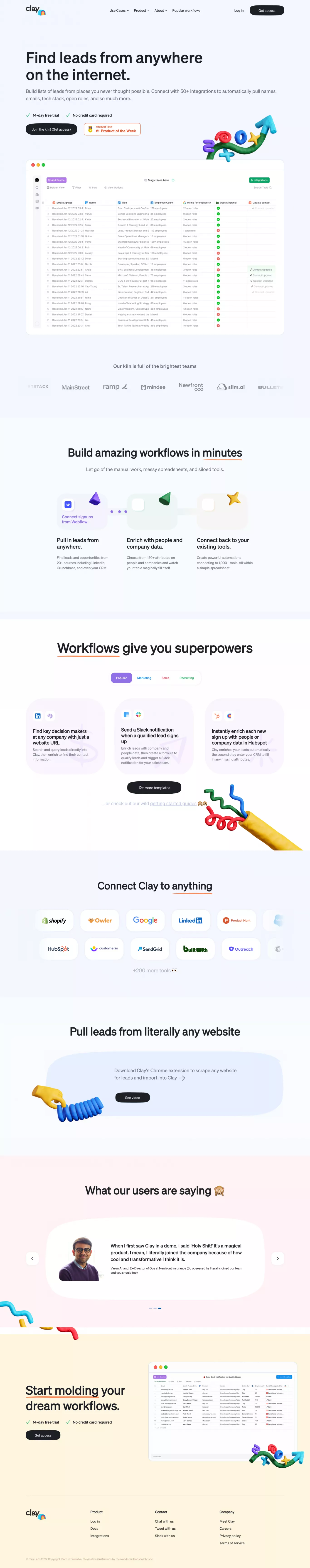 Clay - Create live lists of people, with landing page screenshot showcasing Tech and Marketing design