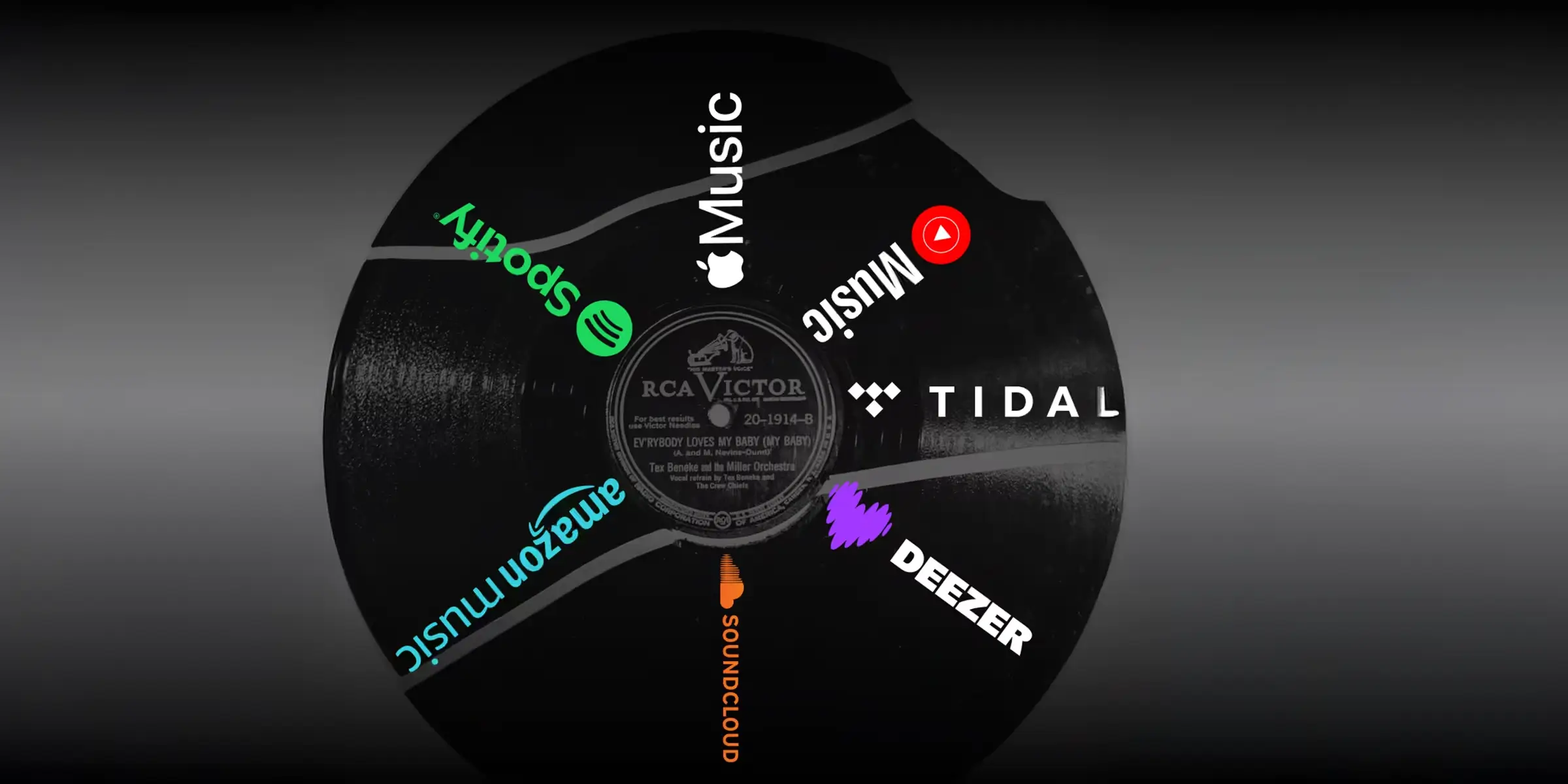 A vinyl record cracking in sections graphic overlaid with logos of major streaming platforms, suggesting a fragmented and competitive platform landscape.