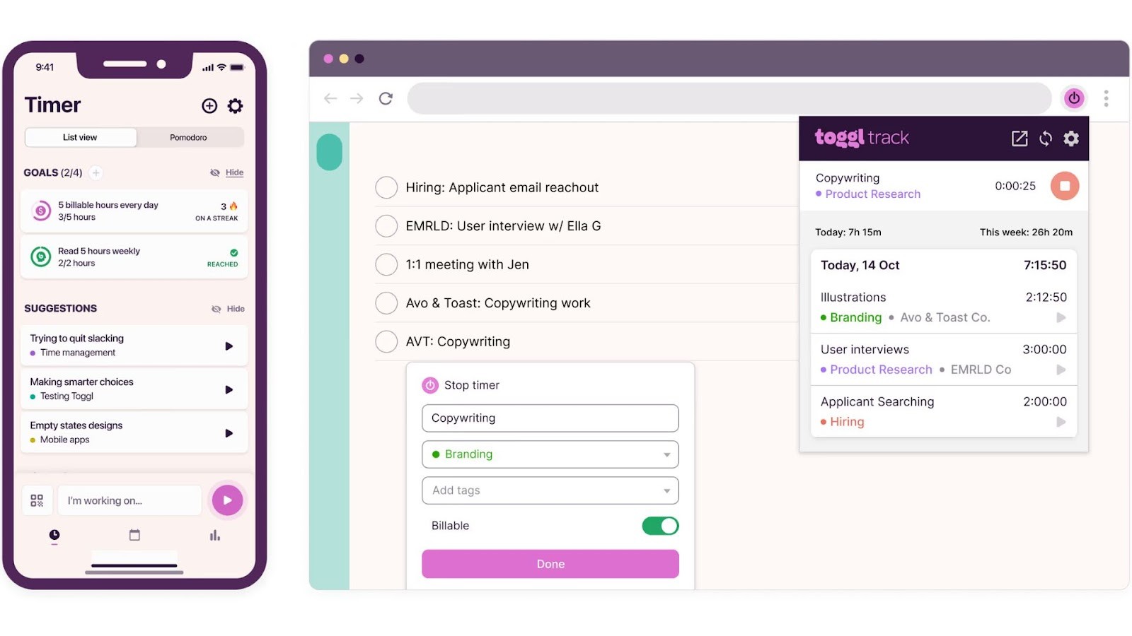 Toggl Track's time tracker on mobile and web