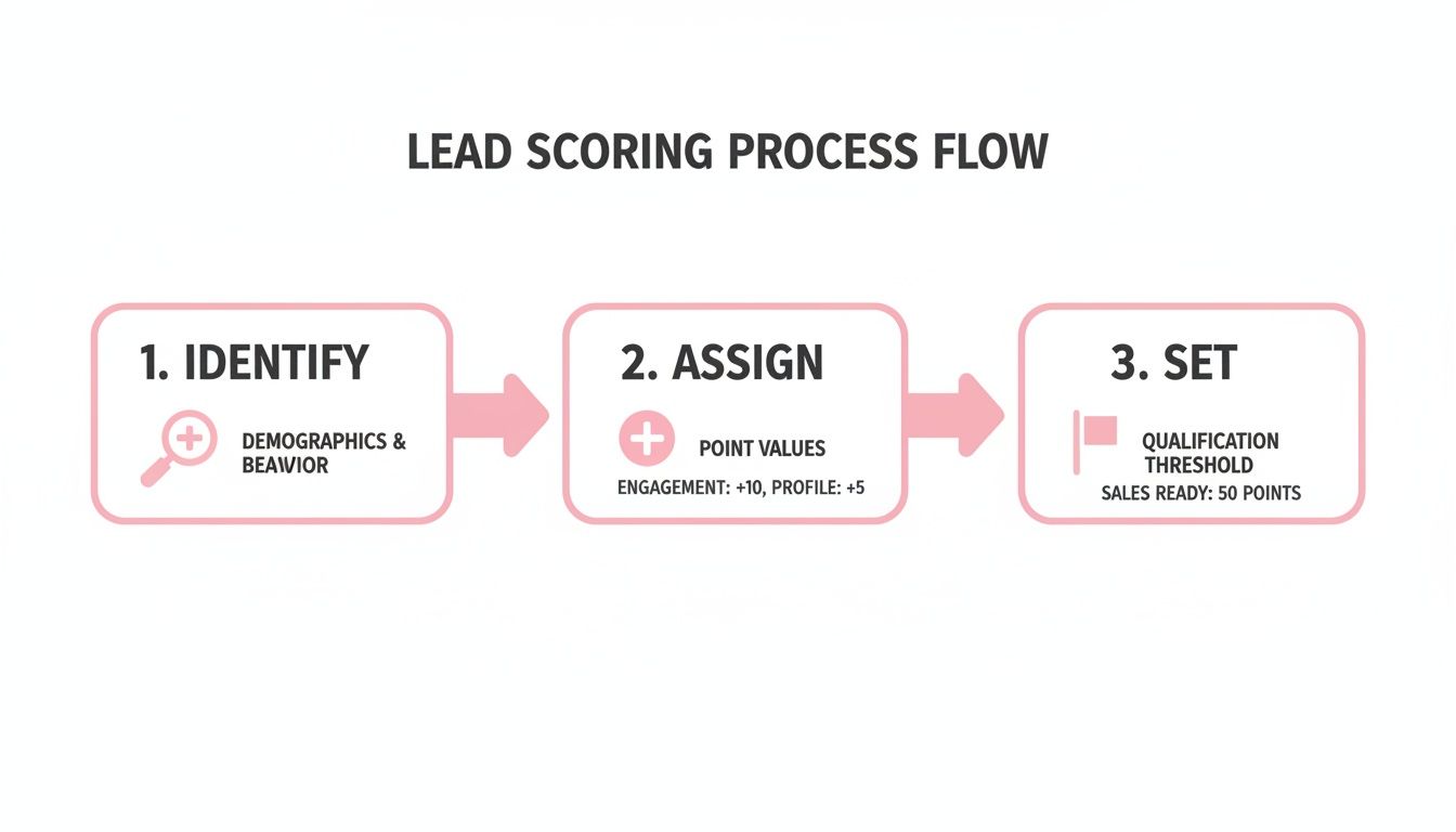 A lead scoring process flow diagram showing three steps: Identify, Assign, and Set a qualification threshold.