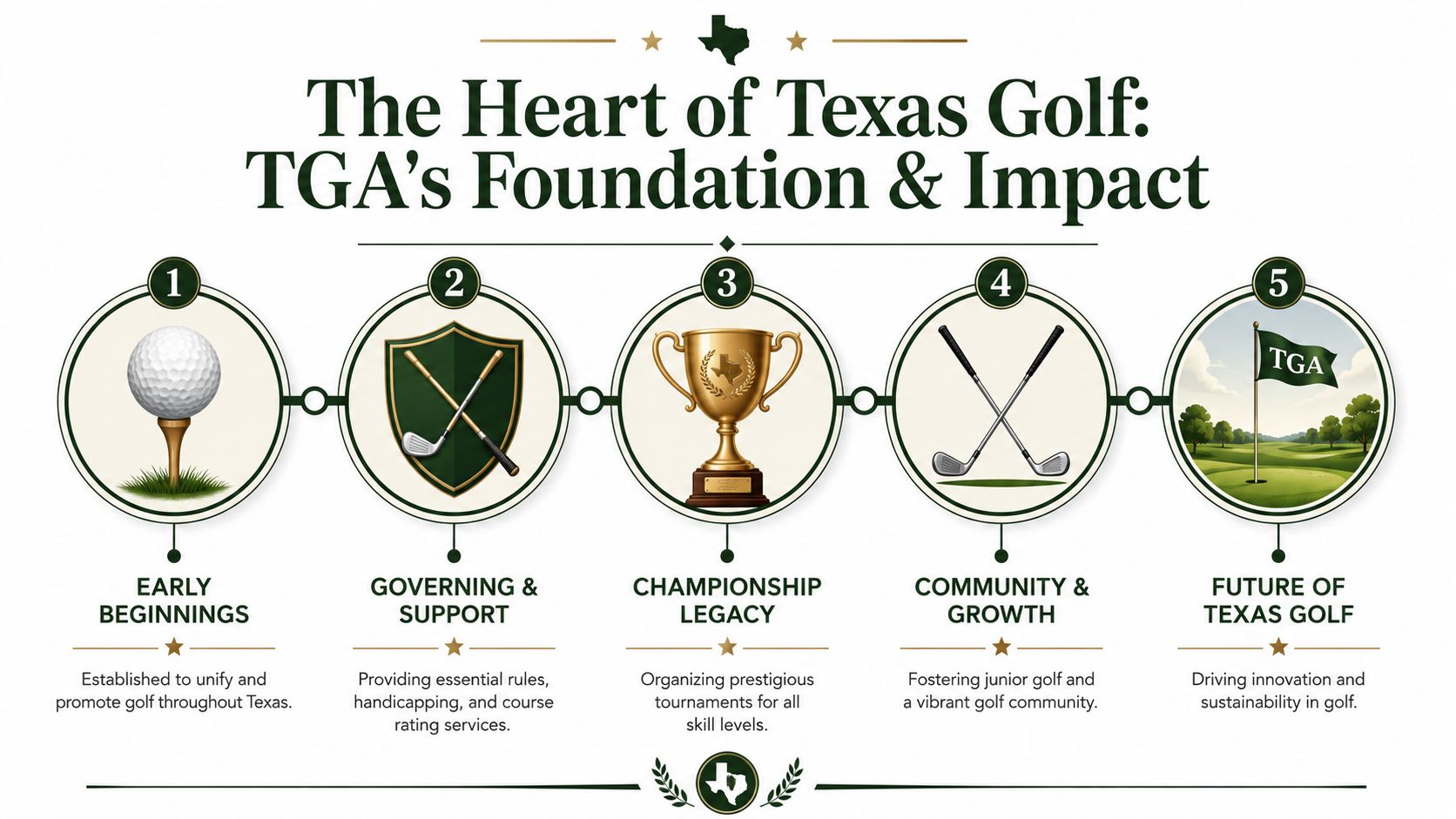 A diagram illustrating the five pillars of the Texas Golf Association foundation and its impact on the sport.