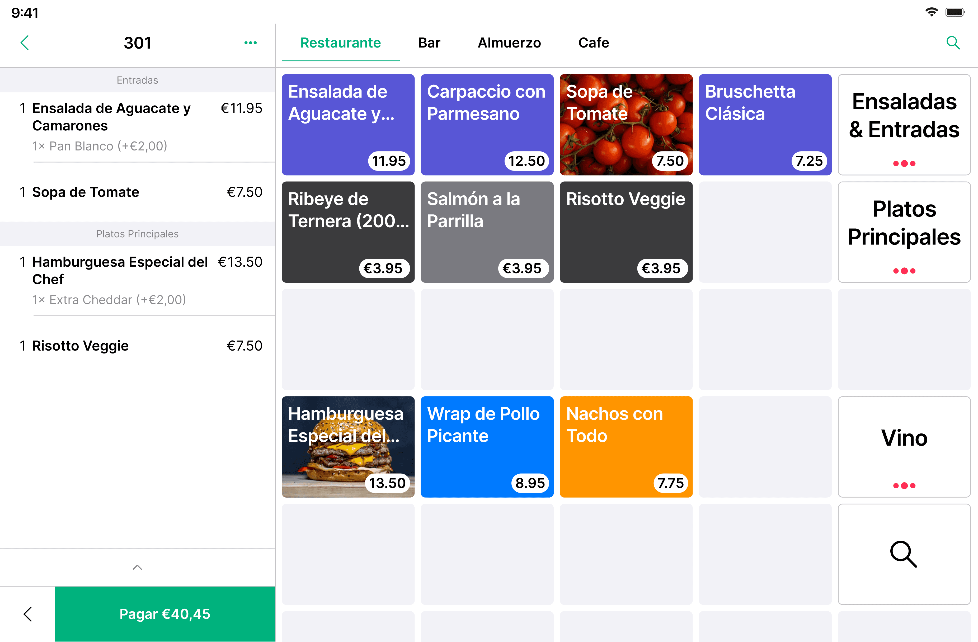 A screenshot of a tablet-based restaurant point-of-sale (POS) interface. On the left, a current order list displays menu items (like Avocado & Shrimp Salad and Tomato Soup) with prices and a “Pay” button. On the right, a grid of menu categories (Restaurant, Bar, Lunch, Café) and corresponding items with photos, descriptions, and prices is visible, illustrating a modern, intuitive ordering workflow.