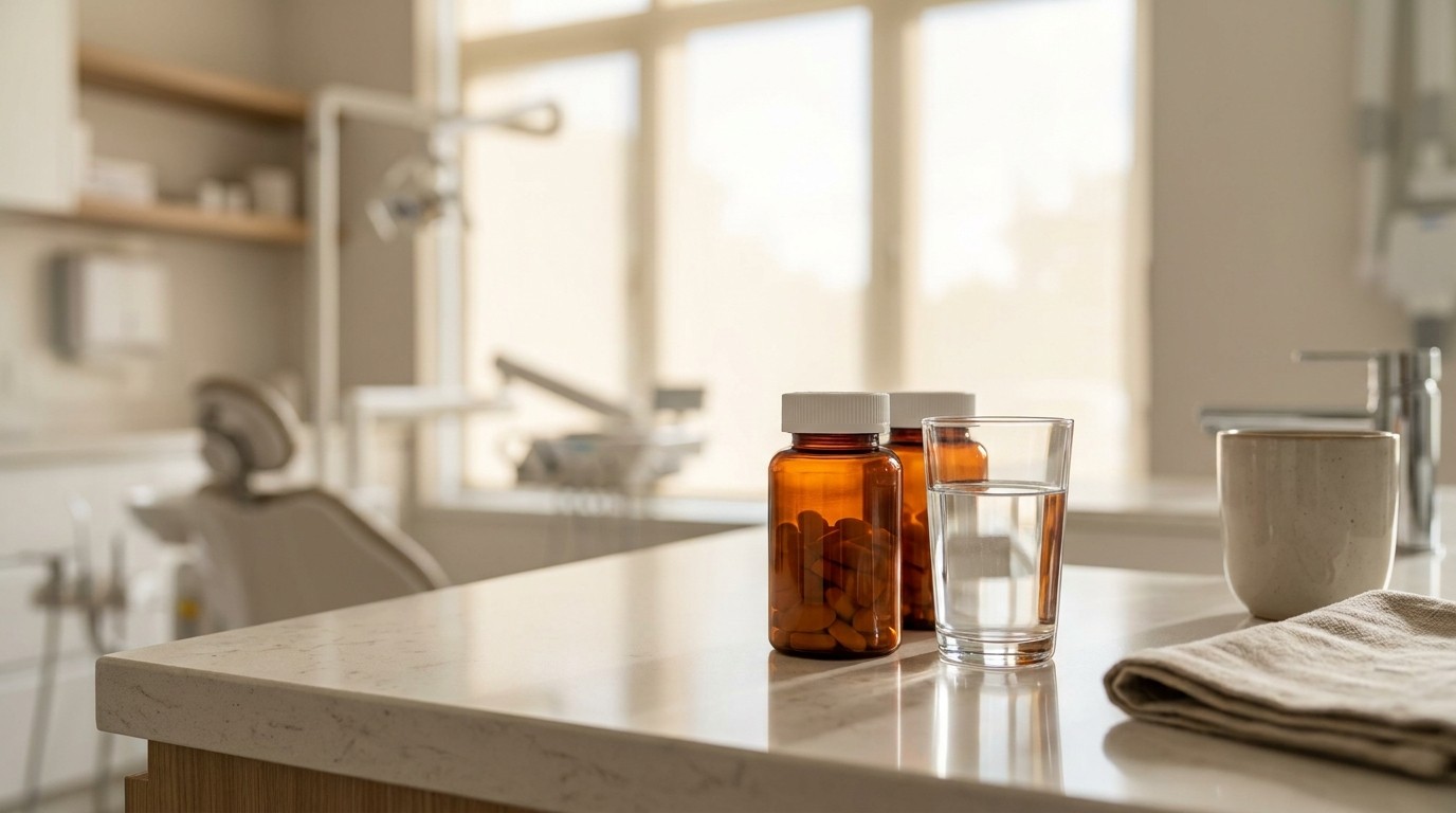 Over-the-counter ibuprofen and acetaminophen on a counter next to a glass of water for managing dental pain at home.