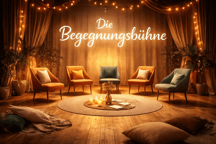 Gemütliche "Begegnungsbühne" mit Sesseln, Kerzen und Licht. Ort für Austausch & Gespräche. 