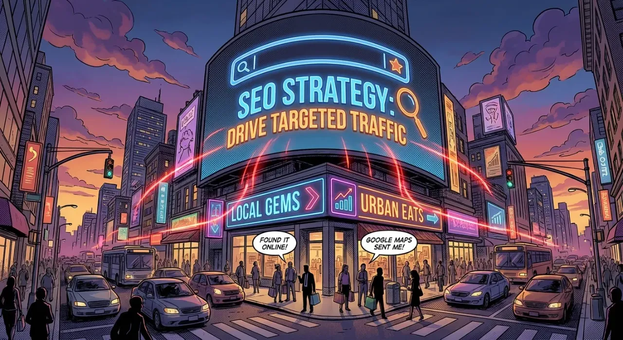 Bustling city with digital ads by RockN' Socials, a digital marketing agency.