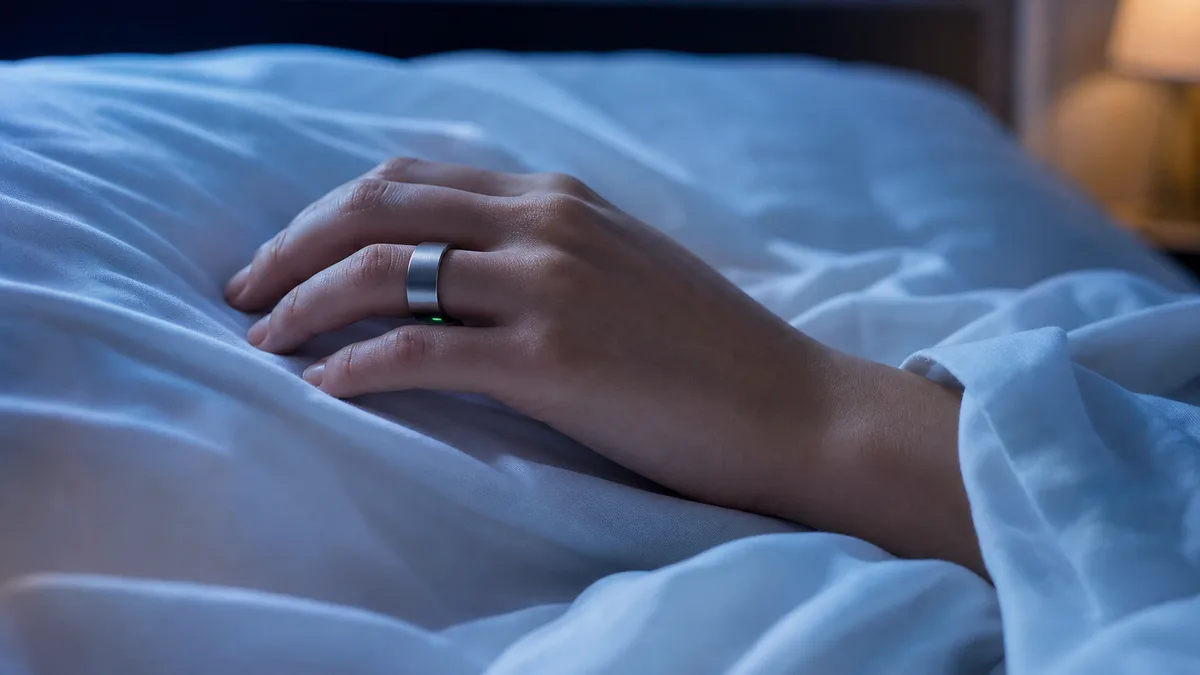 Smart tasbih ring worn overnight on a relaxed hand resting on white bedding with a faint green sensor glow
