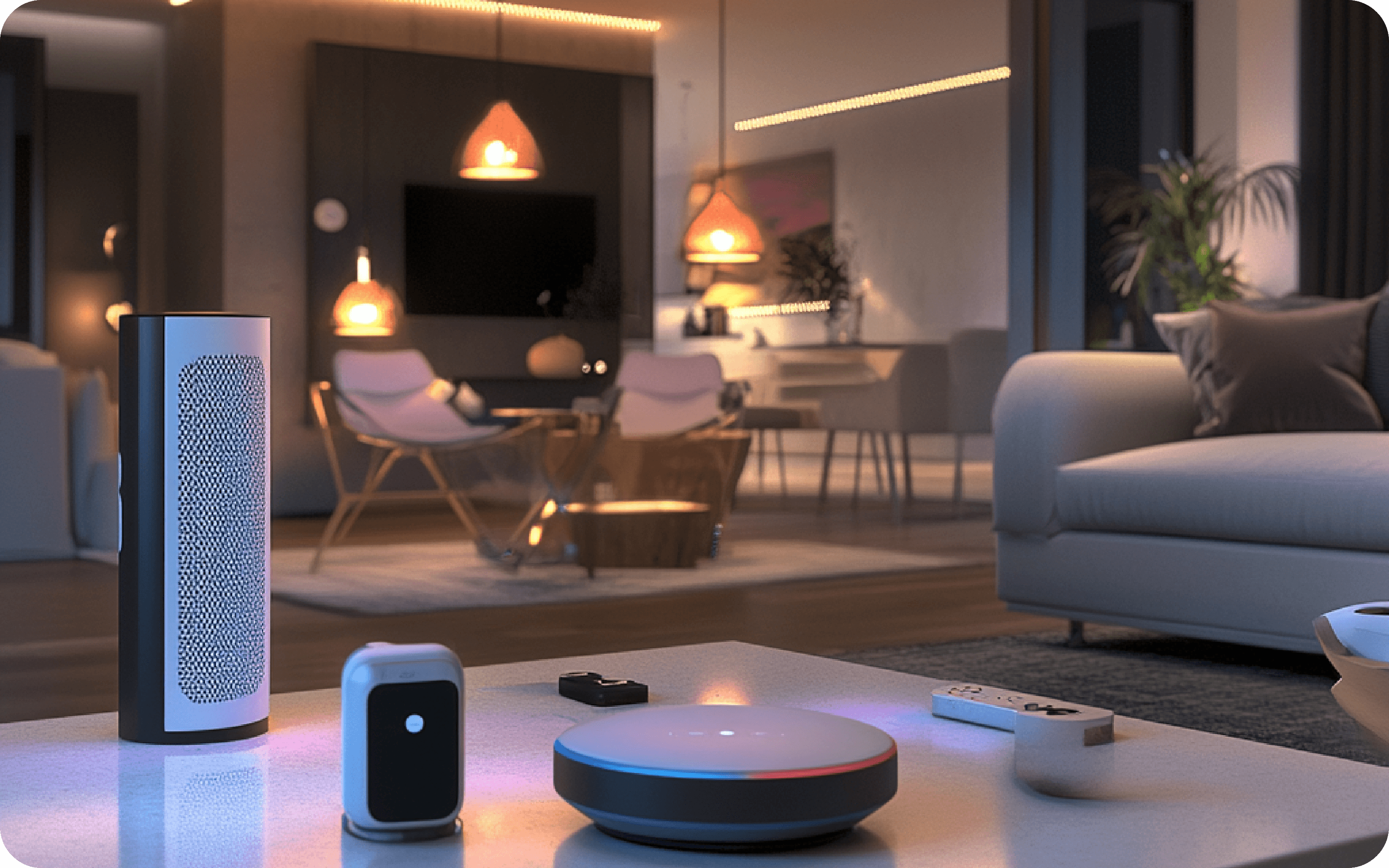 Smart home devices including an air purifier and hub sitting on a coffee table in a modern living room.