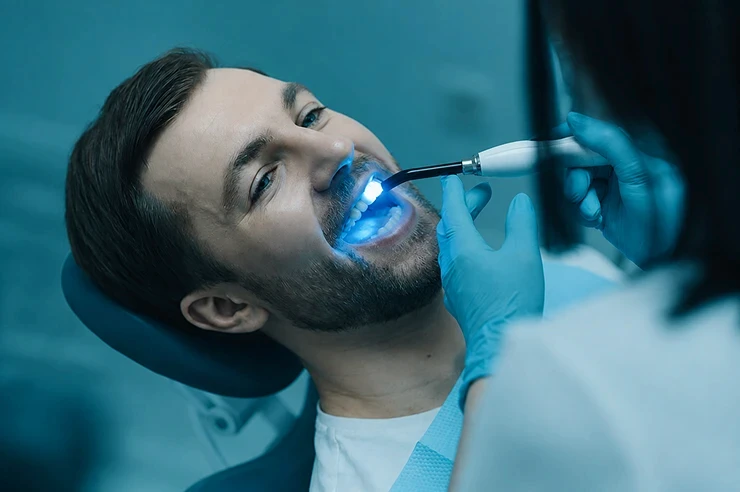 Patient receiving intraoral camera inspection during dental checkup.