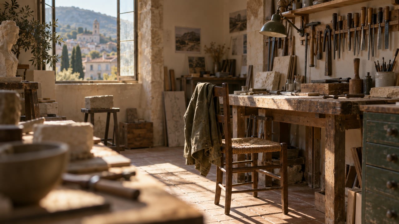 Atelier d'artisan vide à Lodève, outils au repos