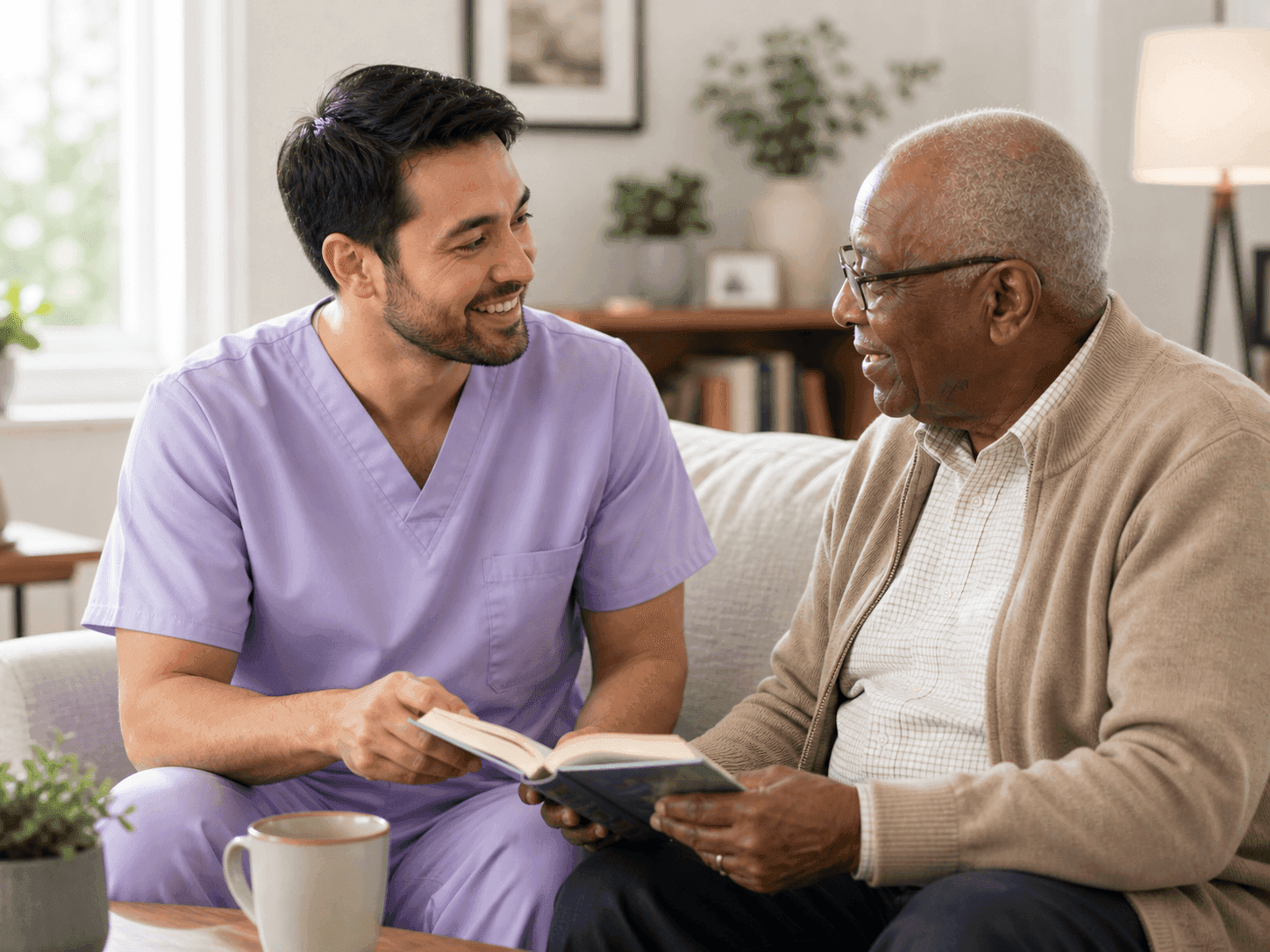 Caregiver spending quality time with an elderly client at home