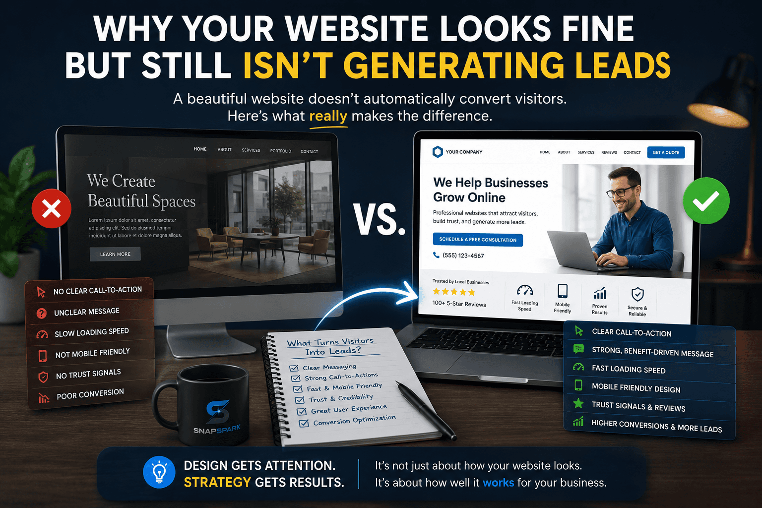Website conversion optimization comparison showing why a professional-looking website may fail to generate leads and how clear messaging, trust signals, mobile-friendly design, website speed, and strong calls-to-action improve lead generation and business growth.