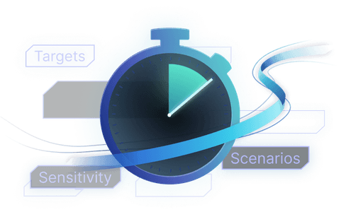 Clock symbol surrounded by Strategic Finance tags like "Scenario", "Sensitivity", and "Targets"