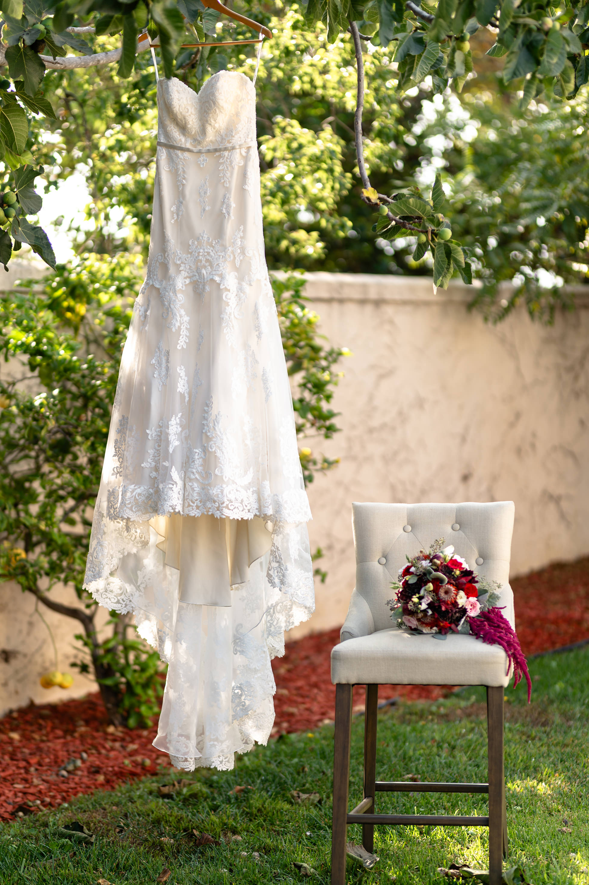 Burgundy bridal bouquet detail photo at Gerry Ranch wedding in Santa Rosa Valley