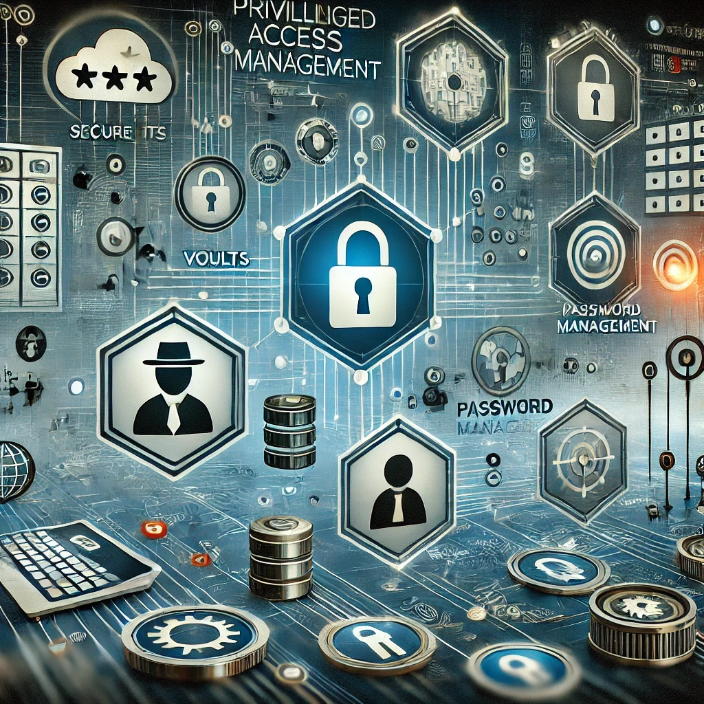 An image representing Privileged Access Management (PAM), featuring digital icons like secure vaults, user profiles with elevated permissions, and password management tools. It visually conveys the concept of controlling and securing privileged access to sensitive systems with a digital network theme, emphasizing advanced cybersecurity technology.