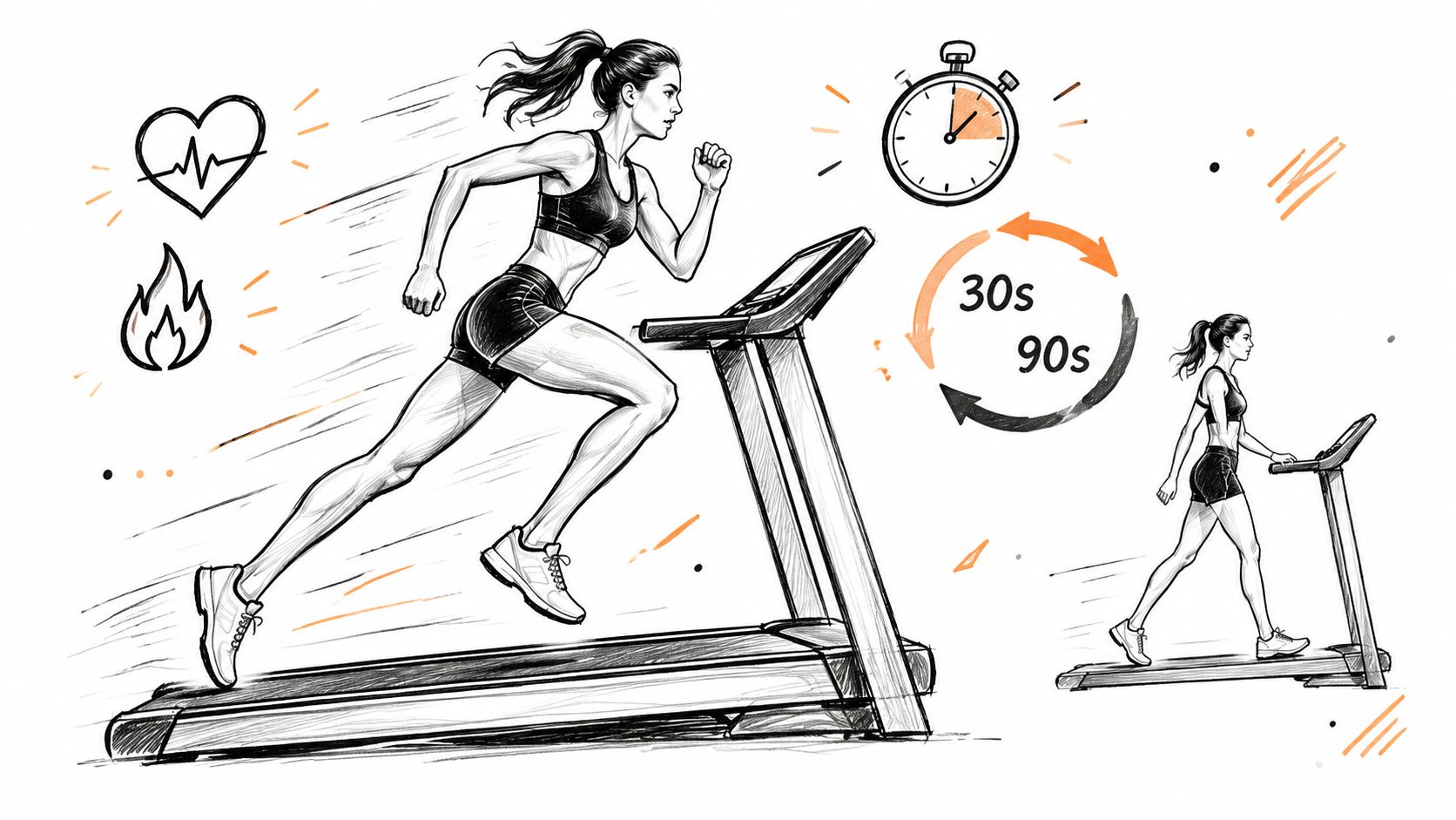A line art illustration showing a woman performing interval training on a treadmill with timer symbols.