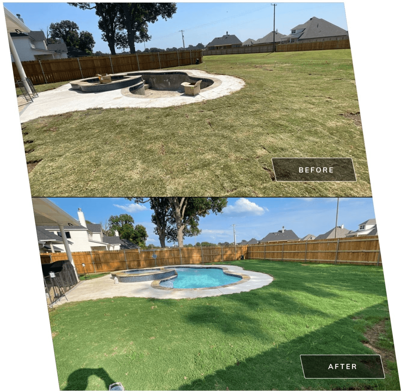 Barefoot Lawns & Lights landscaping team working on a backyard project in Shreveport, preparing soil and installing a patio with pergola.