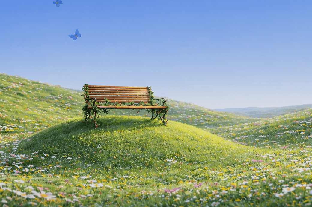 Illustrated meadow with a calm pond, daisies, and a tree under a bright cloudy sky