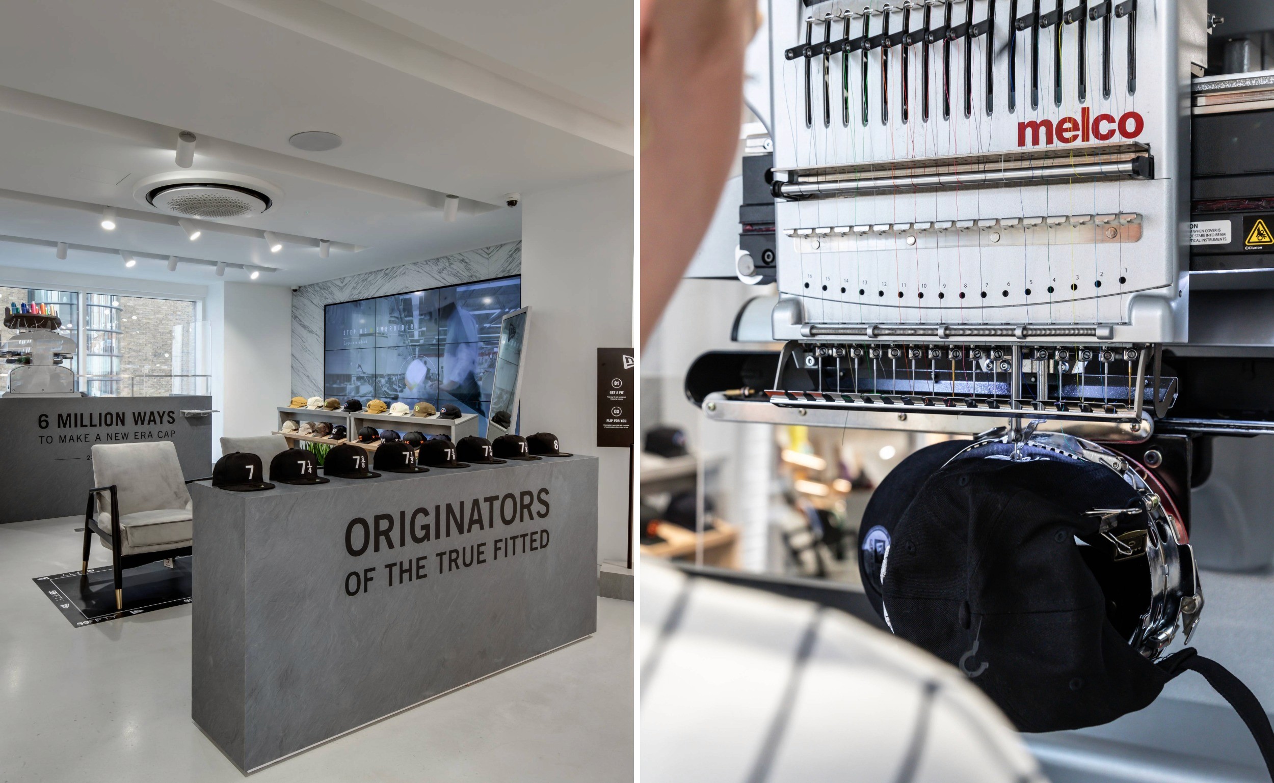 Commercial retail interior design featuring a New Era customisation counter with fitted caps on display, branded messaging, and a live embroidery station. The space combines bespoke joinery, experiential retail design, and interactive product personalisation to enhance the in-store customer experience.