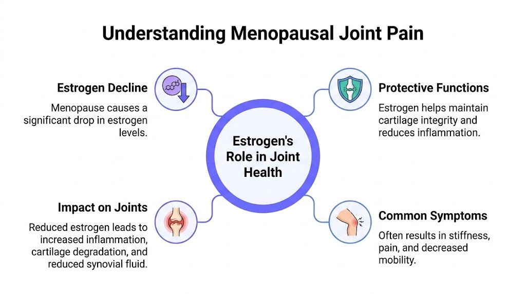 A diagram explaining how estrogen decline during menopause causes joint pain and affects overall joint health.