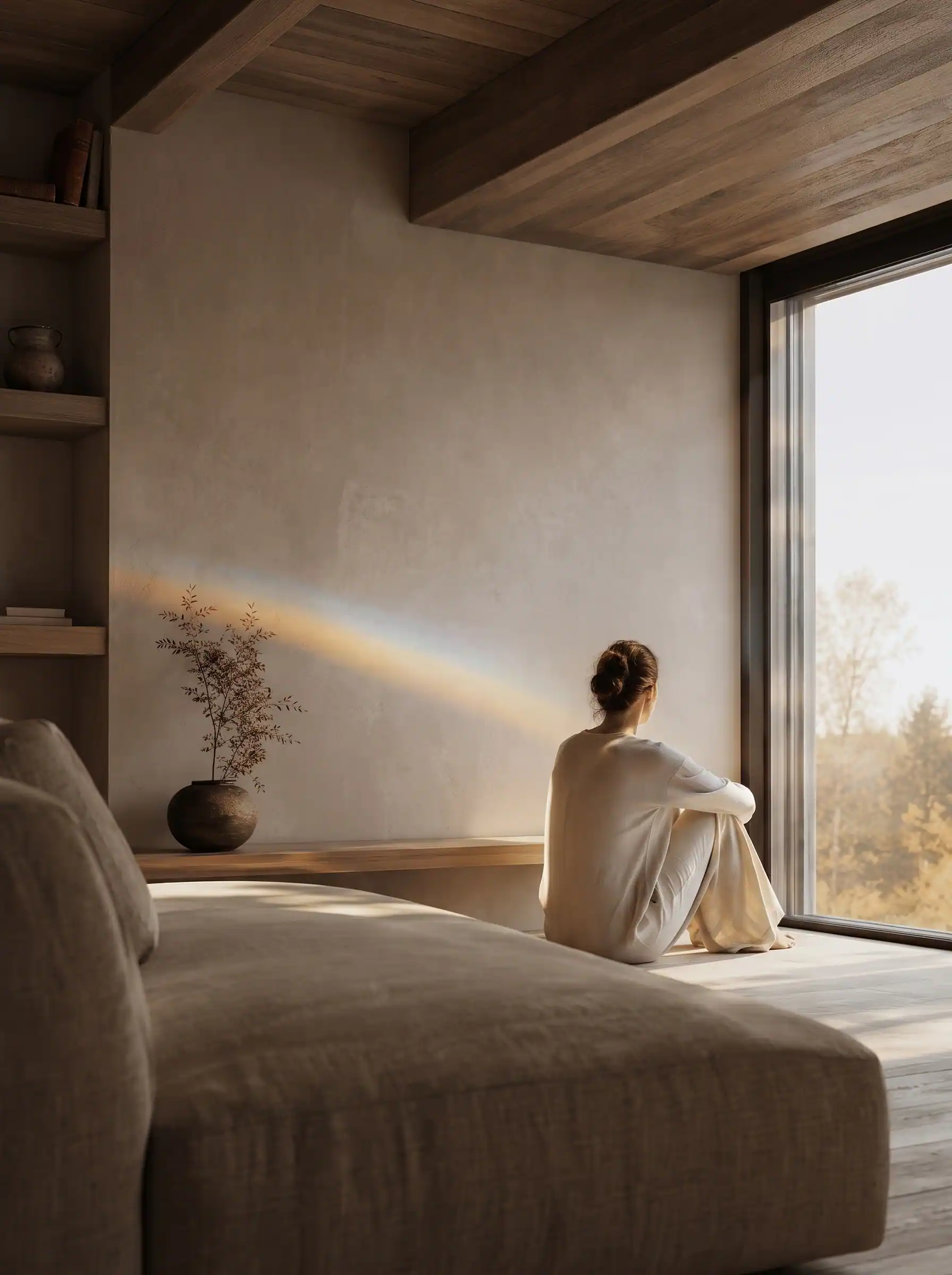 A woman sitting quietly by a tall window as a faint rainbow of light crosses the wall