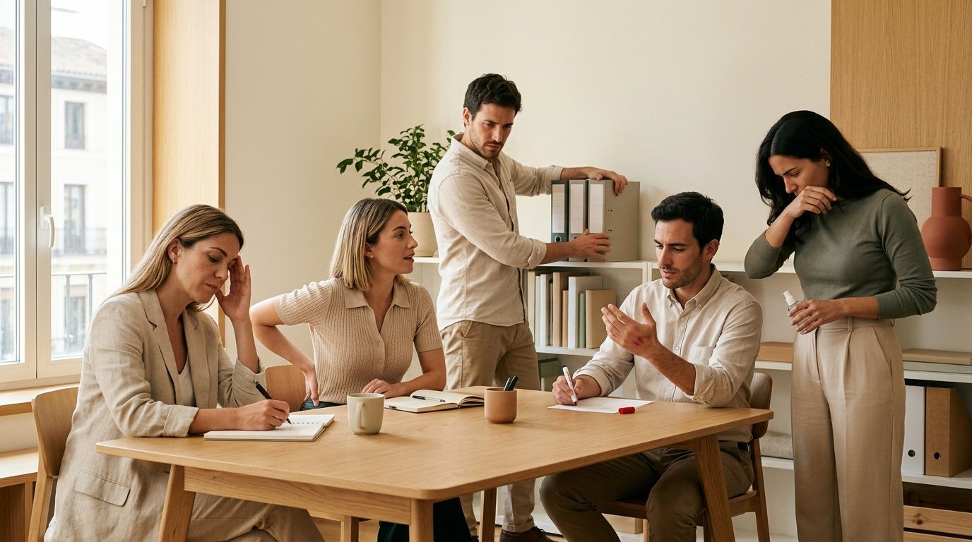 Personas trabajando en una oficina moderna, una mujer con dolor de cabeza, un hombre con marcas en la mano, y otros interactuando.