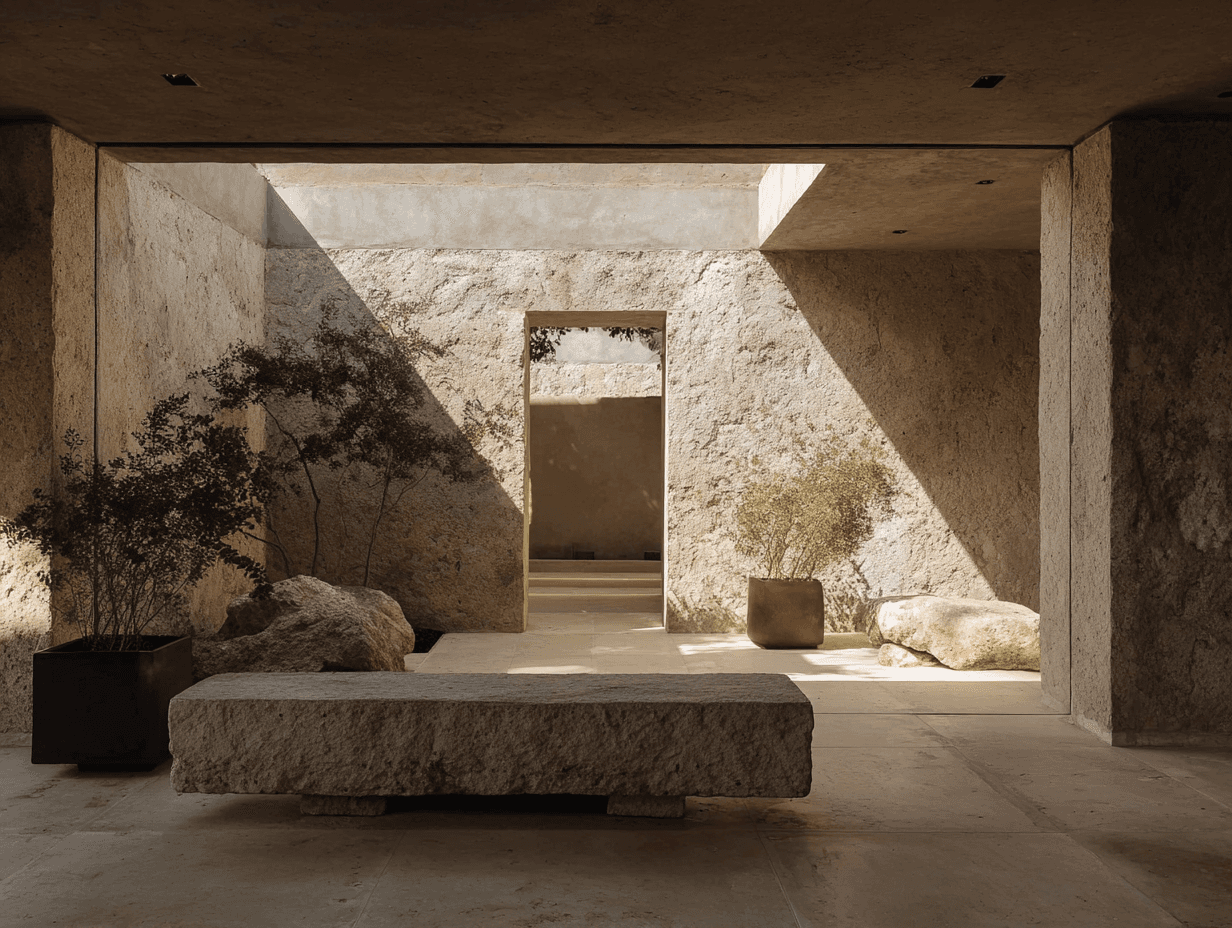 A sun-drenched minimalist courtyard centered around a massive monolithic stone table and potted greenery.