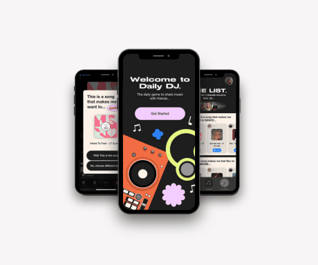 A smartphone screen featuring the Daily DJ app interface and its funky, colorful visual design.