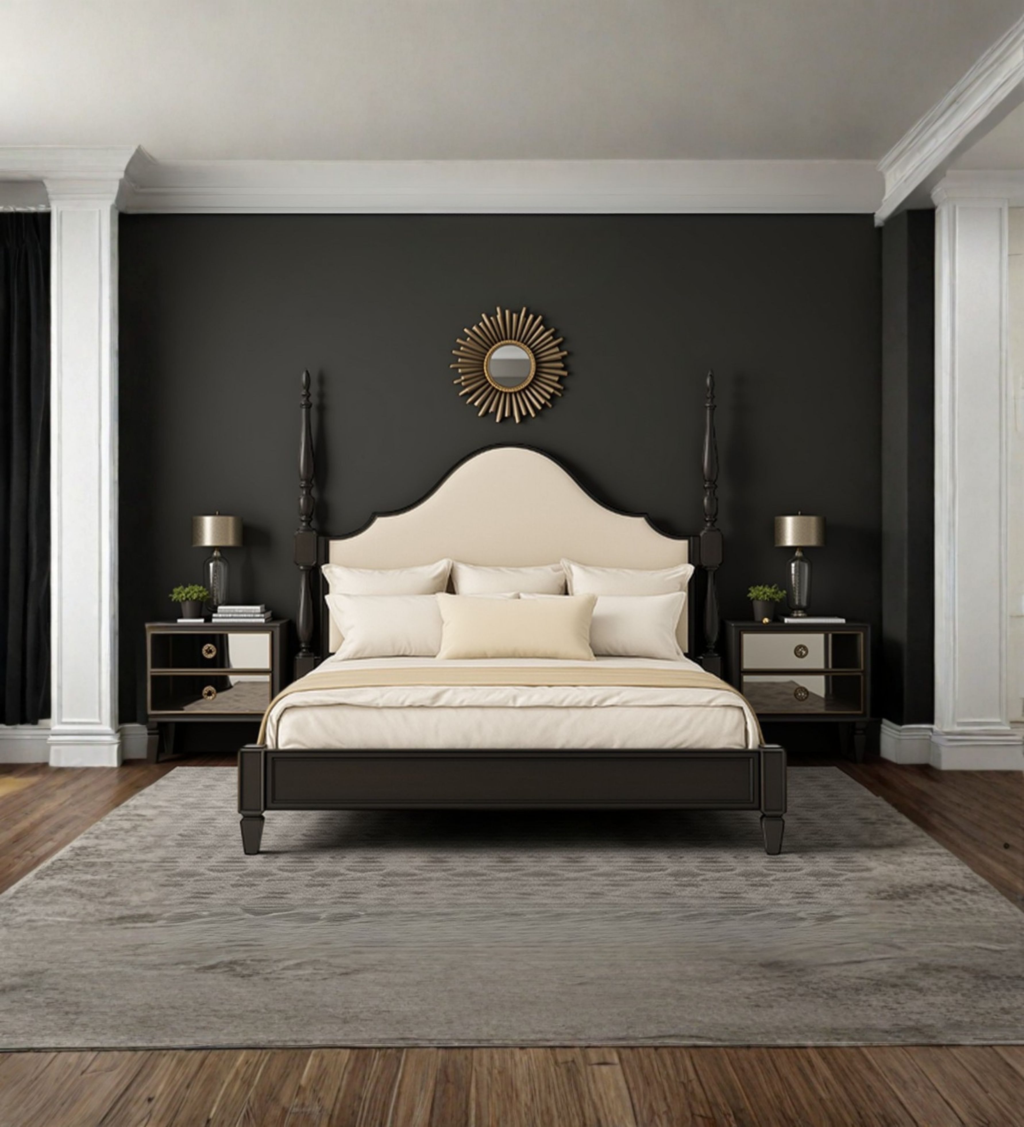 Upholstered bed with arched headboard and slim framed base