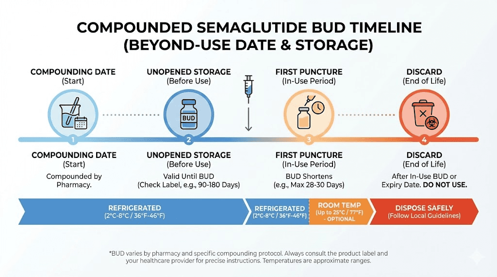 Compounded semaglutide beyond use date timeline and storage guide