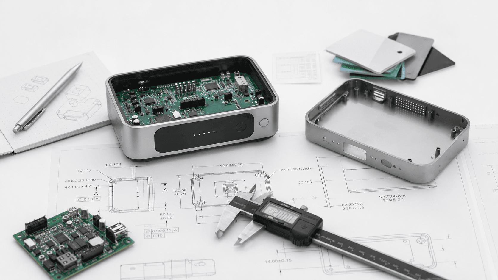 Electronics prototype enclosure, exposed PCB, calipers, and technical drawings used for tolerance and DFM review.