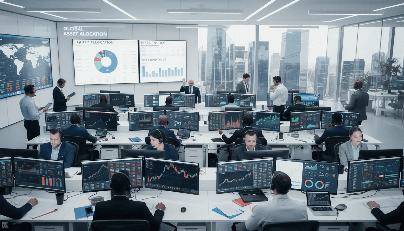 The image depicts a modern trading floor bustling with financial professionals, including portfolio managers and financial advisors, who are intently monitoring multiple asset allocation dashboards. These screens display various asset classes and investment strategies, highlighting the dynamic asset allocation approach used to manage risk and navigate current market conditions.