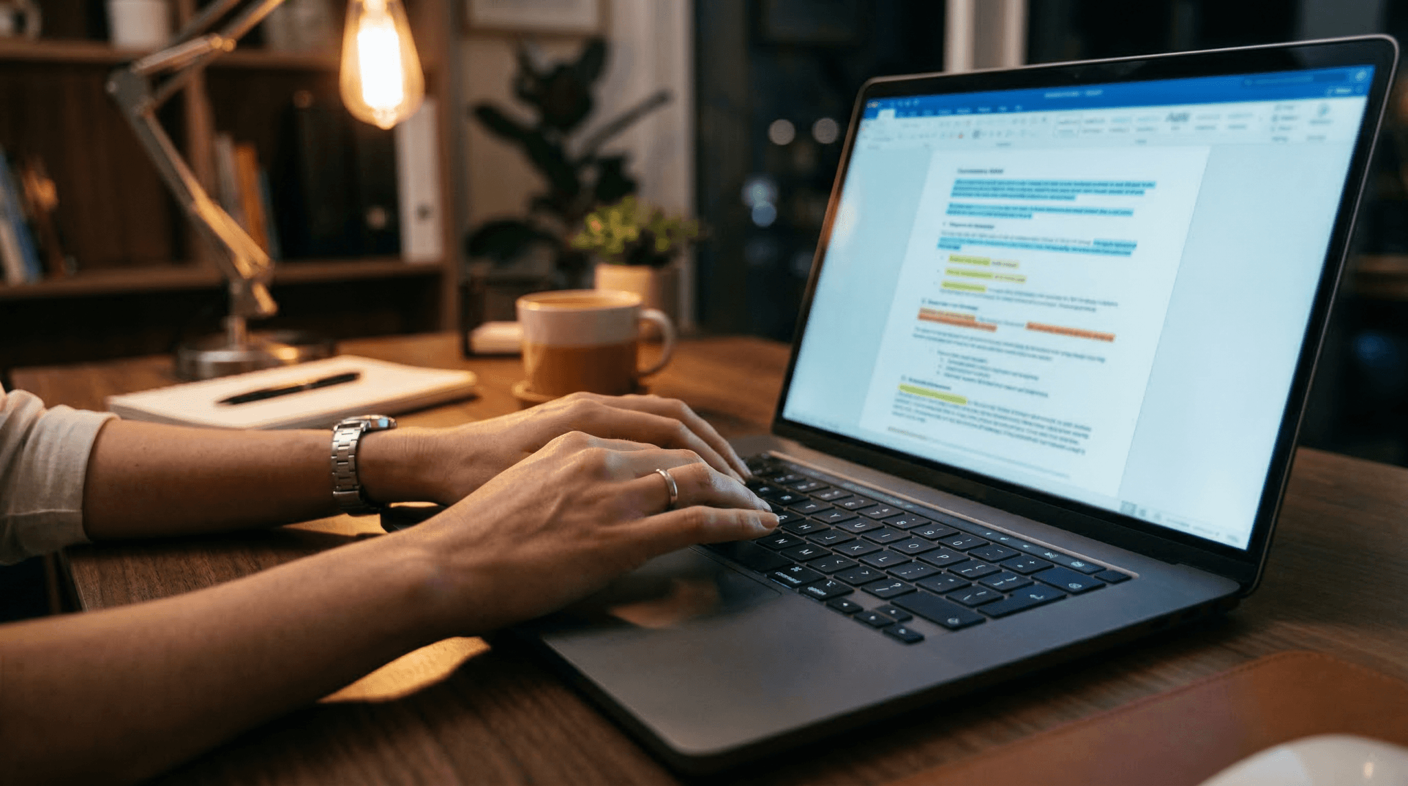 Close-up of a professional's hands on a keyboard reviewing a claims document on screen in a pharmaceutical compliance workflow