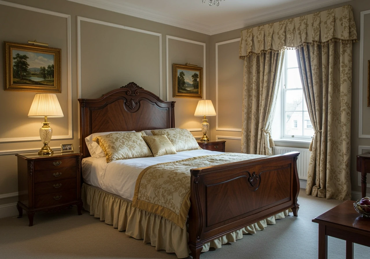 Elegant traditional bedroom with a carved dark wood bed frame, gold damask bedding, matching drapes, and classic molding on beige walls, evoking a timeless and refined atmosphere.