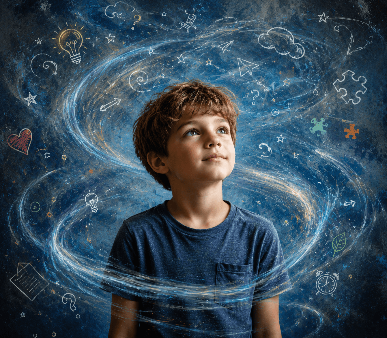 A happy looking student with symbols swirling around him