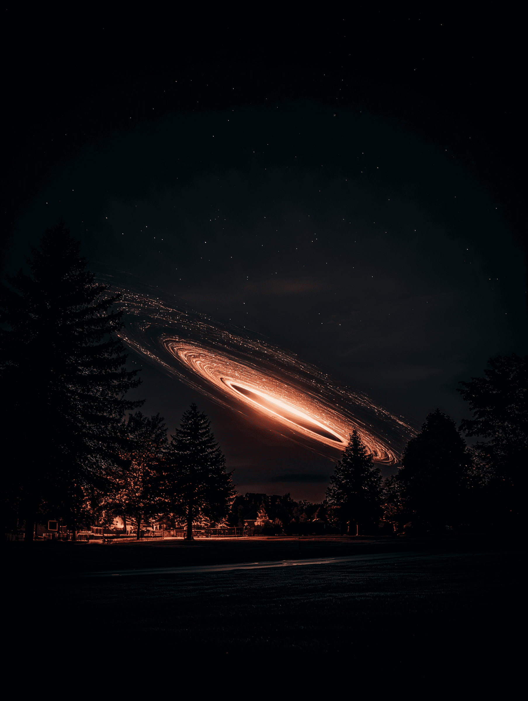 Dark mountainous landscape under starry sky with a glowing red light on the horizon