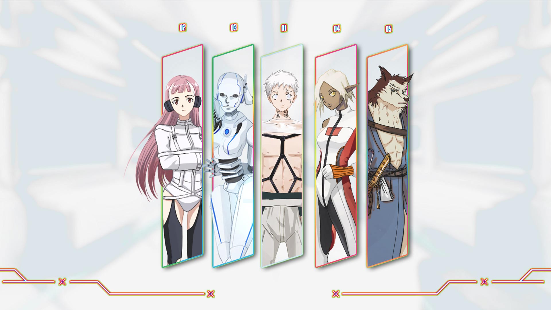 Six anime-style characters are displayed in a row against a light blue background with radiating lines. Each character is enclosed in a vertical rectangular frame with distinct color schemes and features. From left to right: a pink-haired female character with headphones, a white-haired female character with blue skin, a white-haired male character with black straps, a dark-haired female character with white and red clothing, a dark-haired male character with a wolf-like face, and a dark-haired male character in a blue robe. Red lines with X marks appear at the bottom corners of the image.