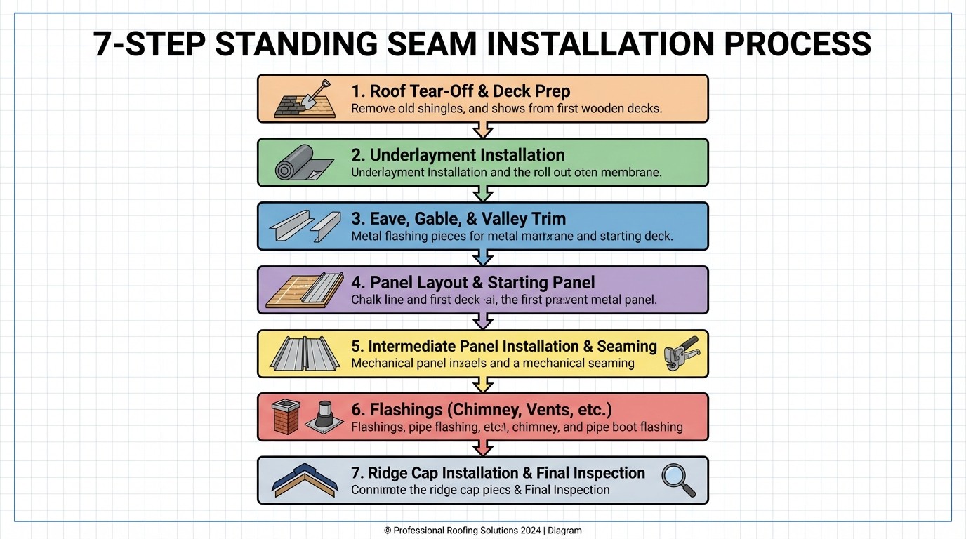 Seven-step standing seam metal roof installation process diagram