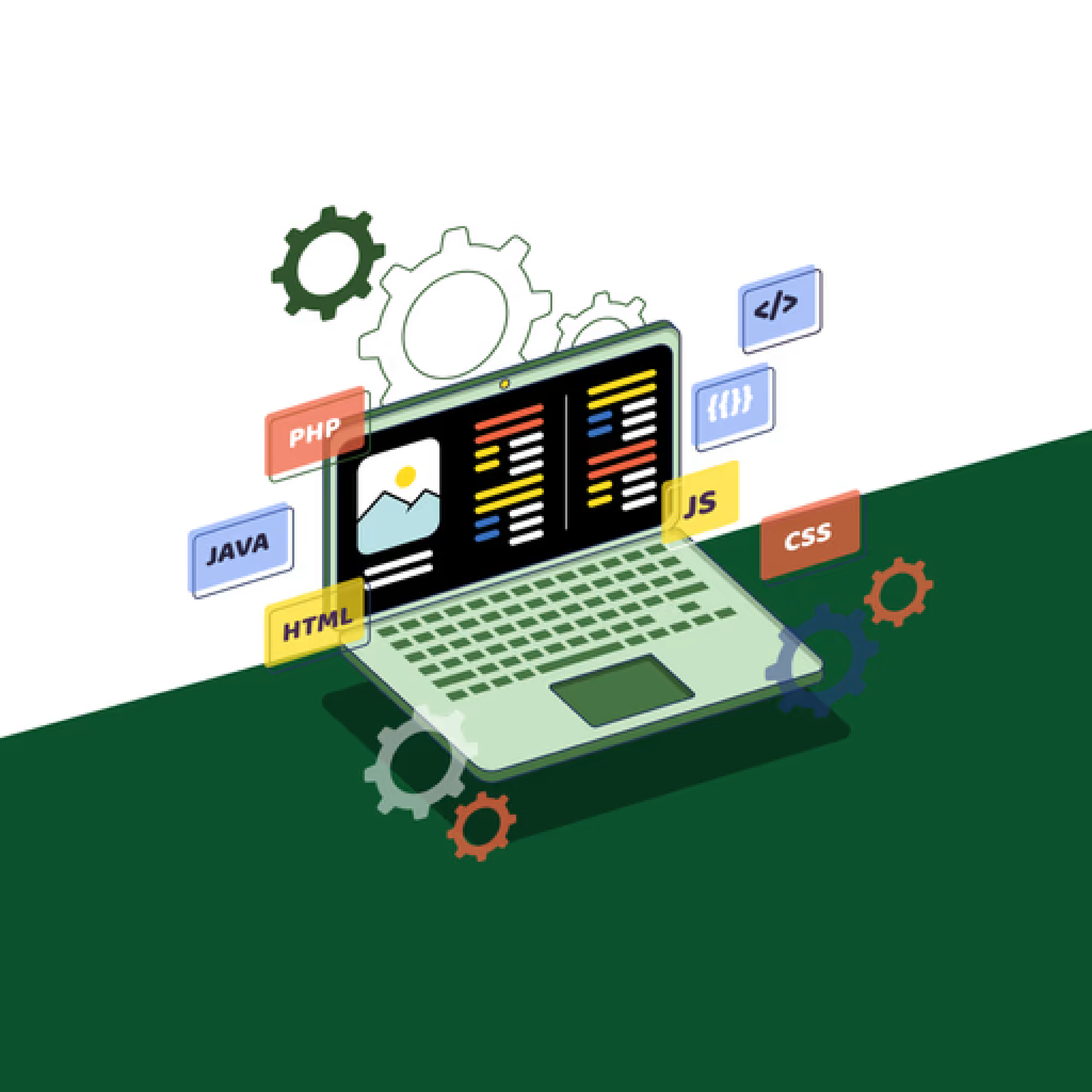 Graphic showing laptop and coding languages such as HTML, CSS, JS, PHP and Java symbolizing full stack development course at Sierra Learning Academy.