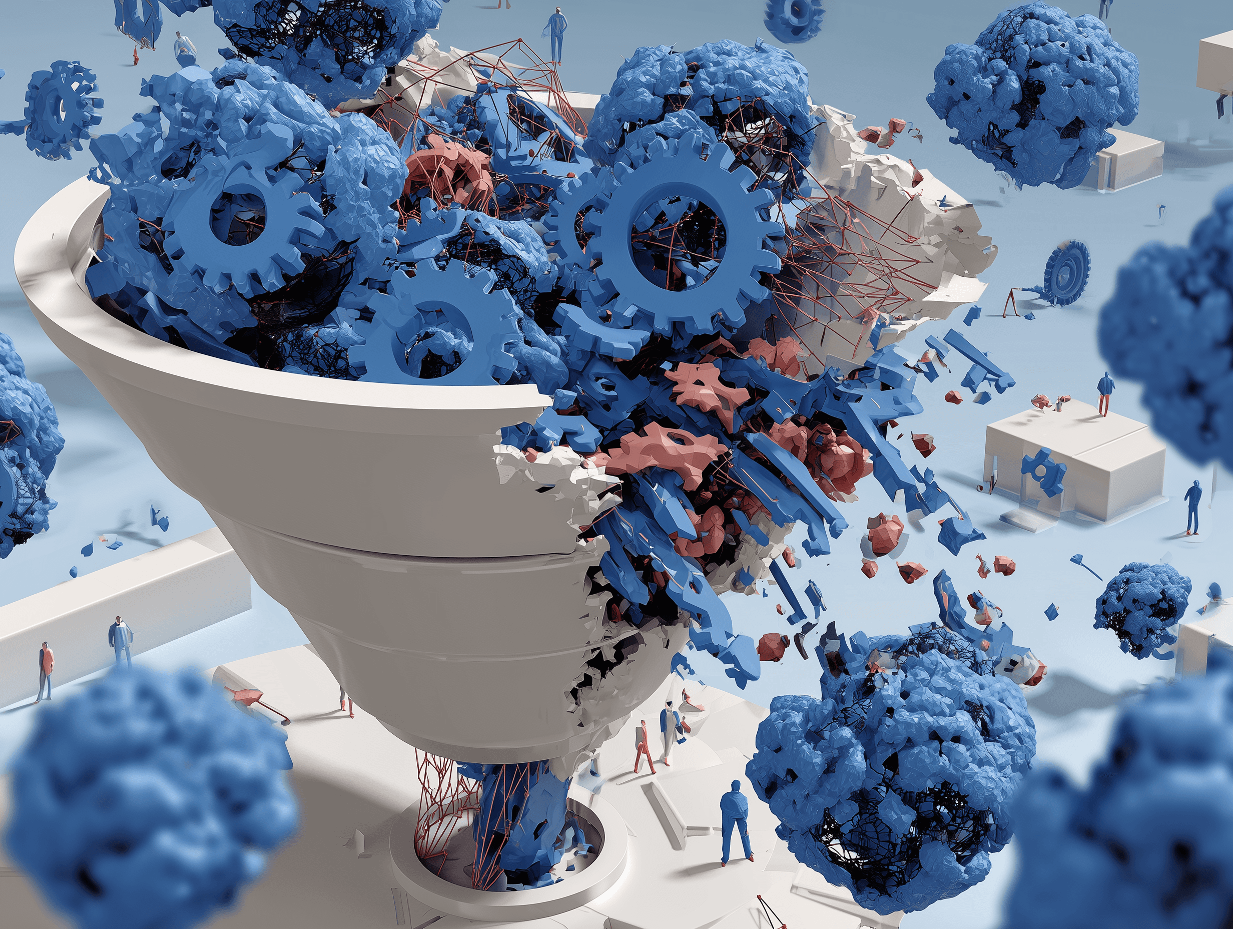 Abstract illustration showing a sales funnel with AI neural network patterns flowing through it, digital gears interconnecting, leads moving through stages represented by nodes