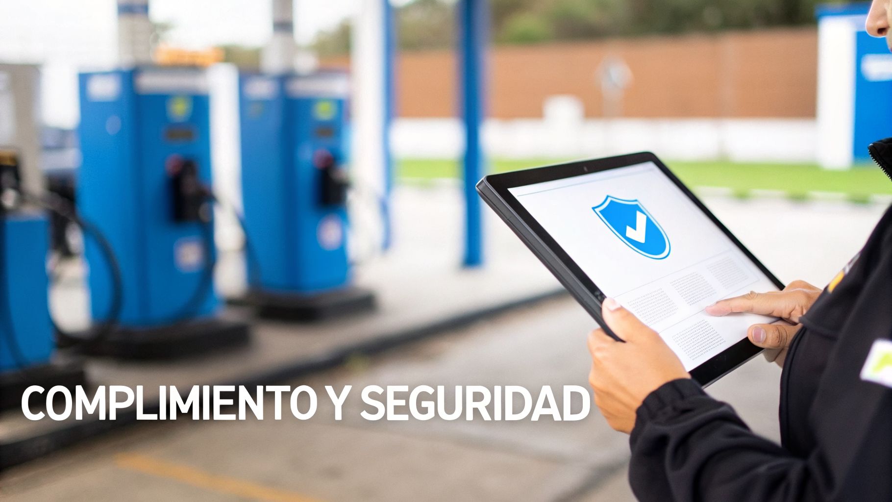 Persona con una tablet mostrando un ícono de seguridad en una estación de servicio, con texto de cumplimiento.