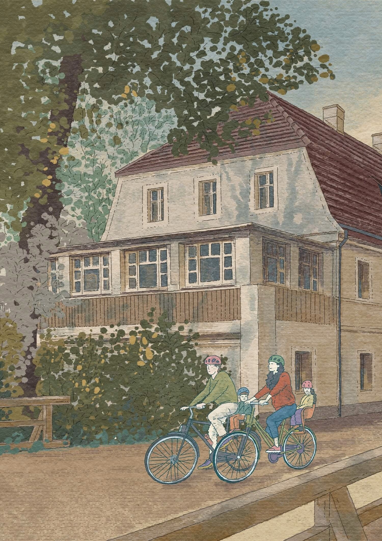 A charming illustration of a house with a red roof, as a person rides a bicycle along a tree-lined path.