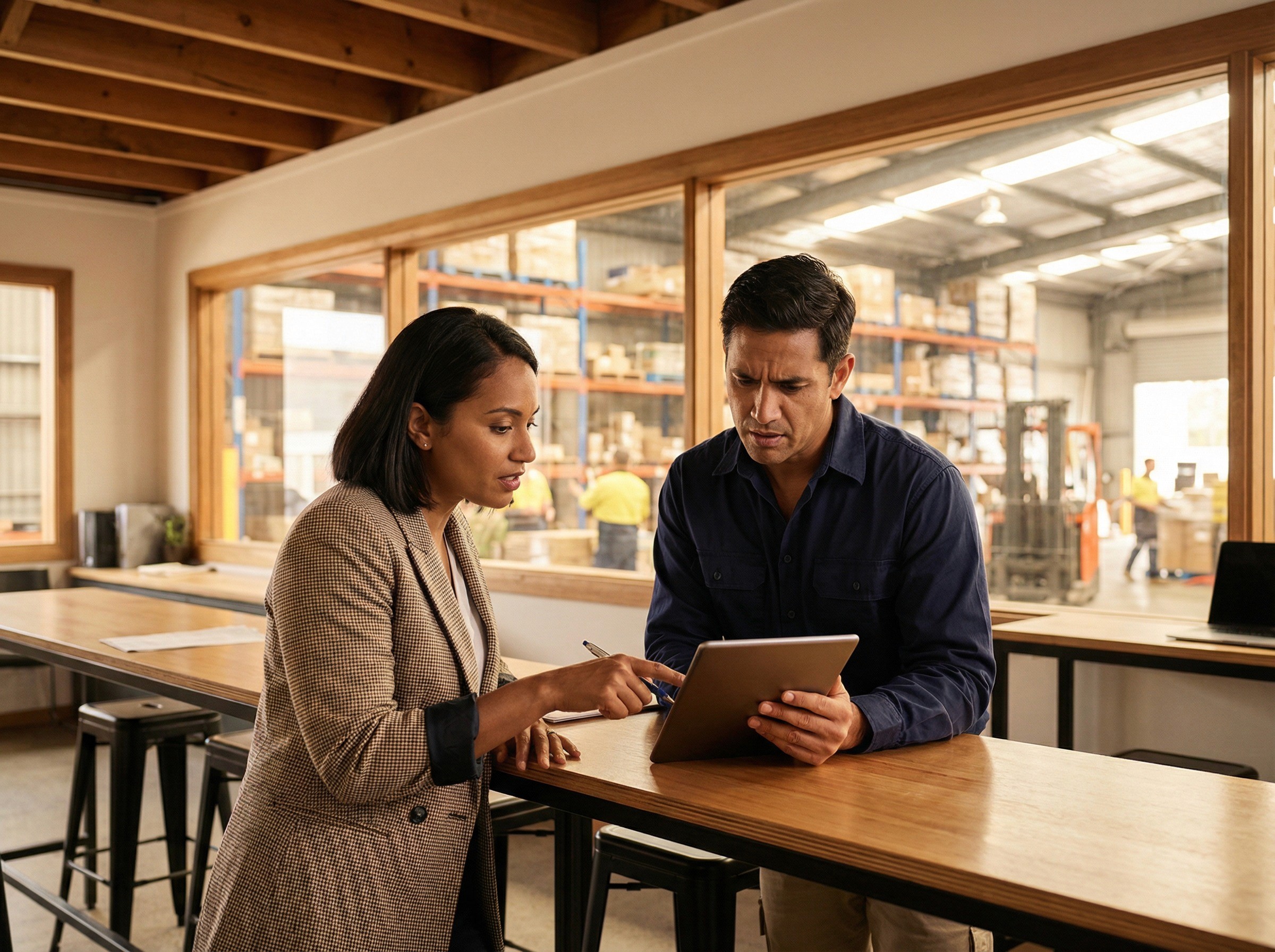 Two safety professionals — a regional WHS manager and a site HR coordinator — standing together at a high bench in a light-filled industrial office that overlooks a warehouse floor visible through interior windows behind them. They are both looking at a tablet the WHS manager is holding between them, angled so both can see. The HR coordinator is pointing at something on the screen with a pen. Their expressions are specific and purposeful — not general concern, but the look of two people identifying exactly where one particular issue is showing up.