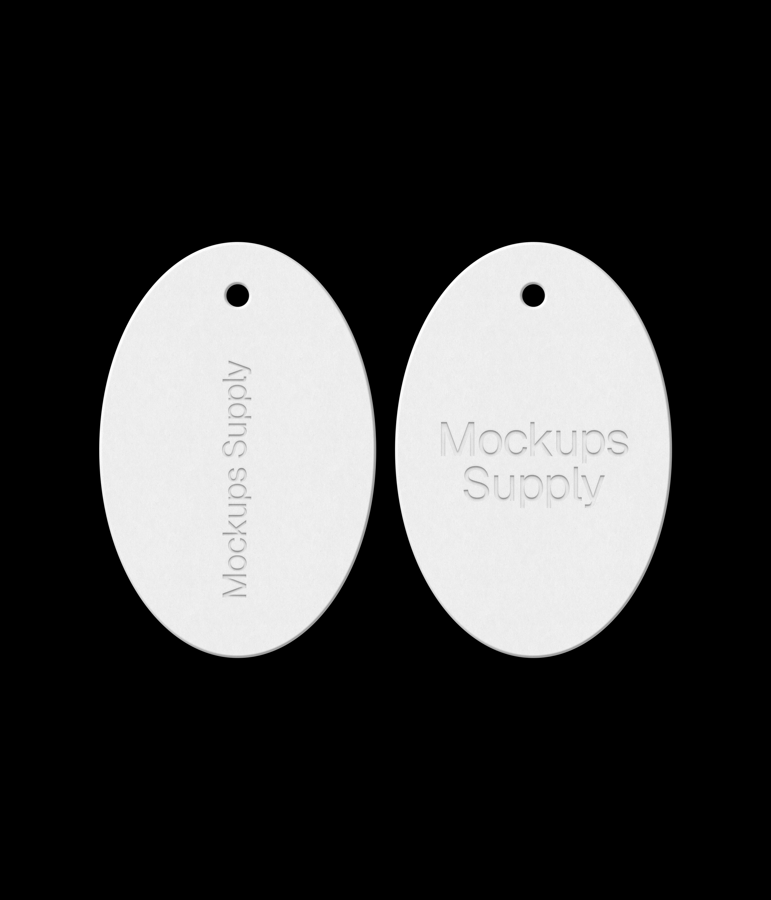 Premium oval hang tags mockup for Photoshop featuring realistic debossed logo effect. High resolution PSD with editable tag color, design, and background. Perfect for fashion branding, clothing labels, and retail packaging presentations.
