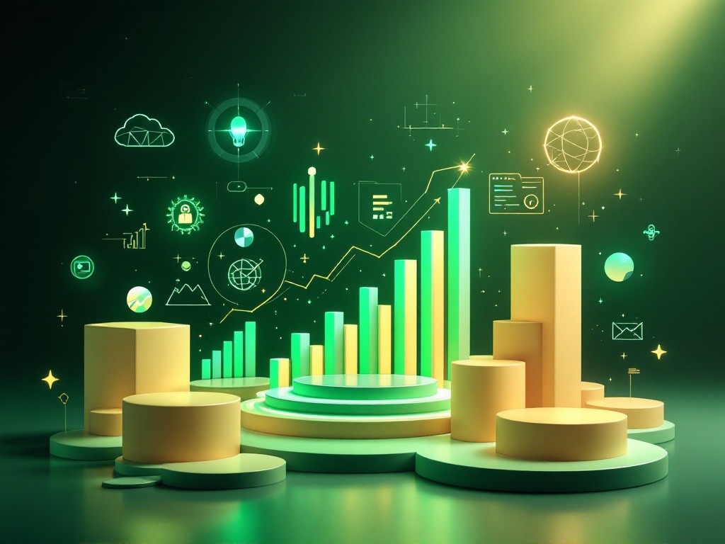 Abstract 3D illustration of business growth and data analysis with glowing icons and charts on a dark green background