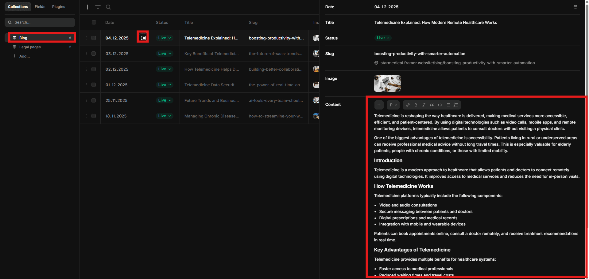 Editing a Starmedica blog article through the CMS