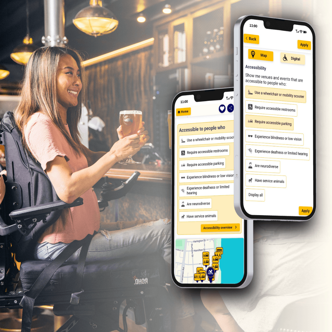 A woman in a wheelchair having a drink with two images of access apps in smartphones displayed in the forground