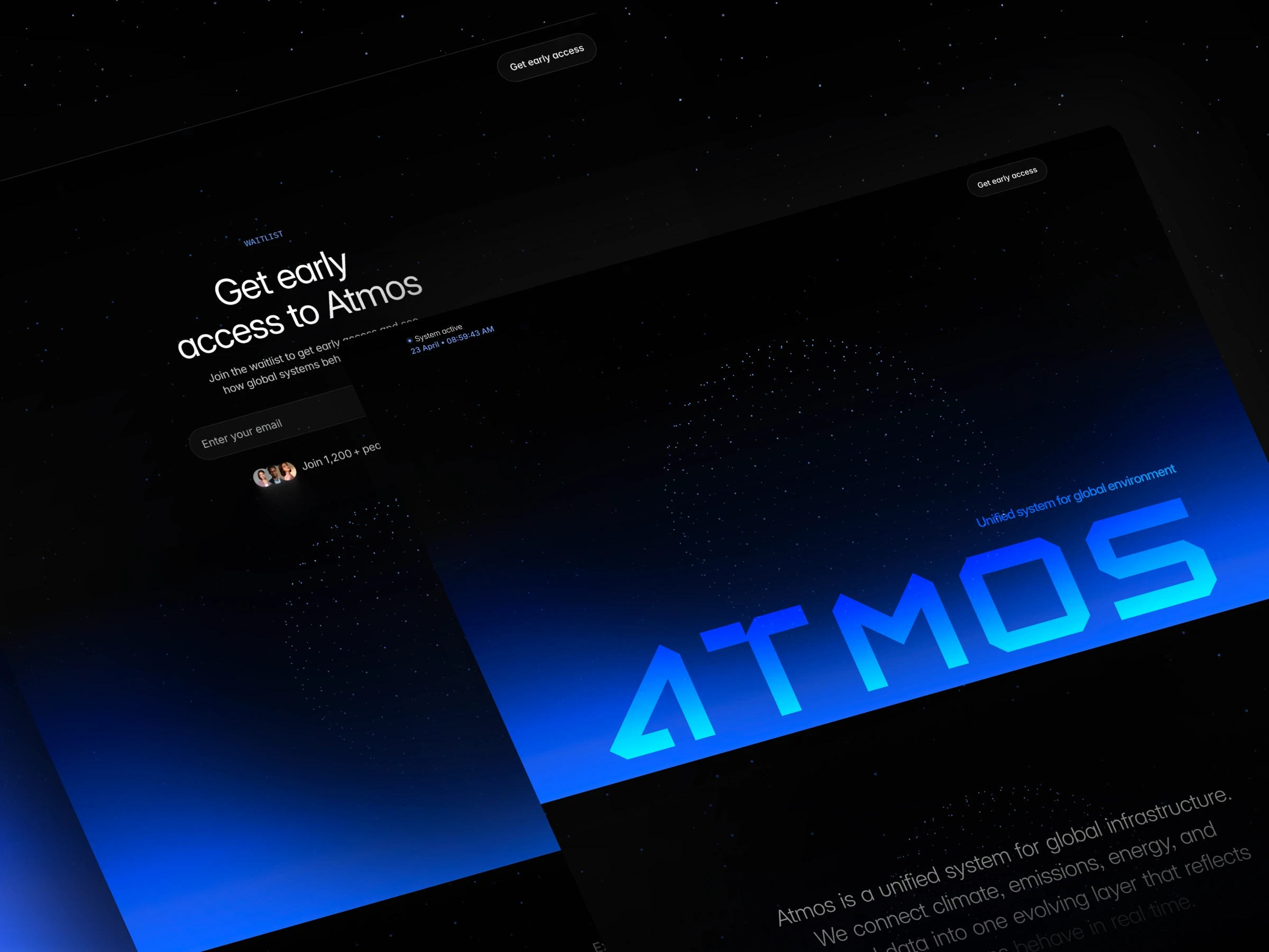 AI system for global climate and infrastructure data — Atmos website template hero section with real-time monitoring interface