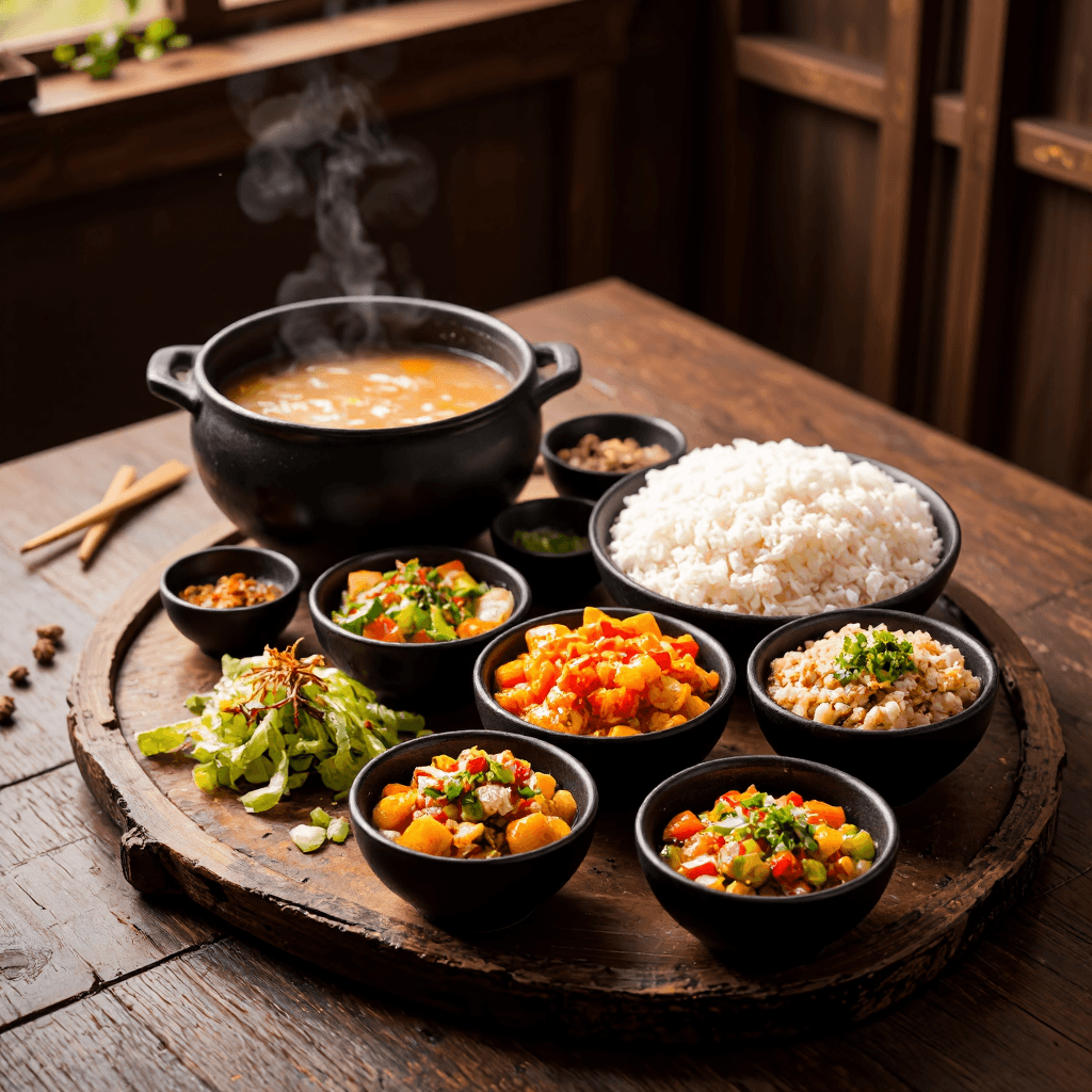 product photography of a platter of assorted Korean side dishes and rice